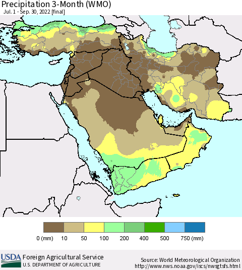 Middle East and Turkey Precipitation 3-Month (WMO) Thematic Map For 7/1/2022 - 9/30/2022