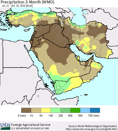 Middle East and Turkey Precipitation 3-Month (WMO) Thematic Map For 7/11/2022 - 10/10/2022