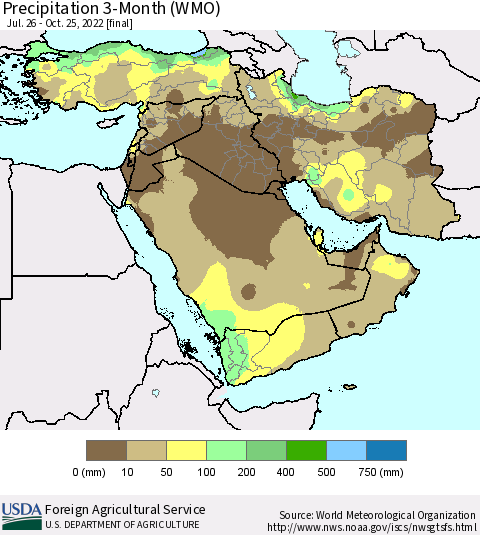 Middle East and Turkey Precipitation 3-Month (WMO) Thematic Map For 7/26/2022 - 10/25/2022