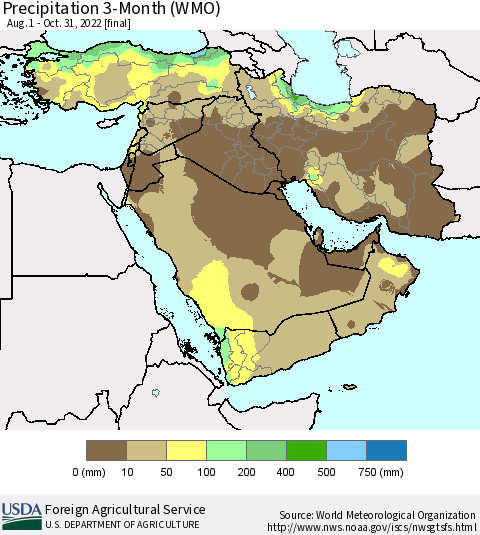 Middle East and Turkey Precipitation 3-Month (WMO) Thematic Map For 8/1/2022 - 10/31/2022