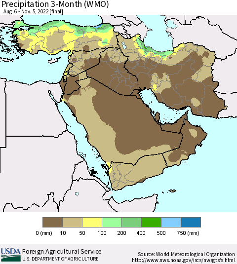 Middle East and Turkey Precipitation 3-Month (WMO) Thematic Map For 8/6/2022 - 11/5/2022
