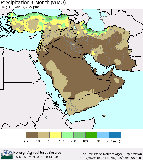 Middle East and Turkey Precipitation 3-Month (WMO) Thematic Map For 8/11/2022 - 11/10/2022
