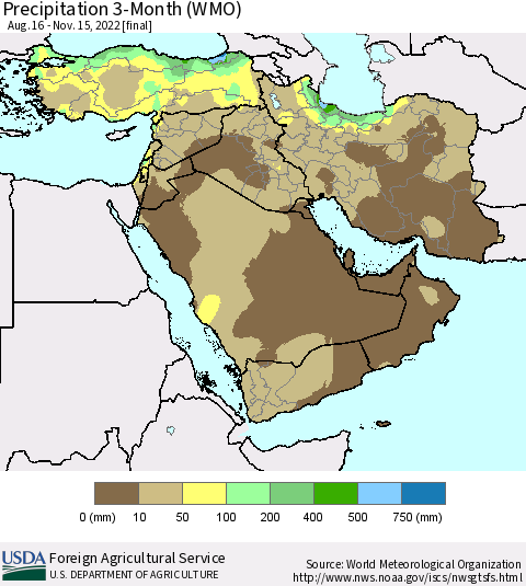 Middle East and Turkey Precipitation 3-Month (WMO) Thematic Map For 8/16/2022 - 11/15/2022