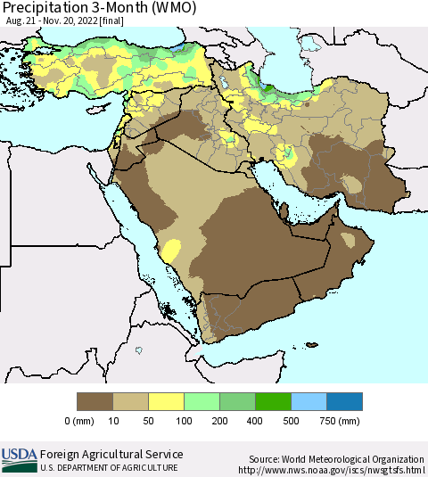 Middle East and Turkey Precipitation 3-Month (WMO) Thematic Map For 8/21/2022 - 11/20/2022