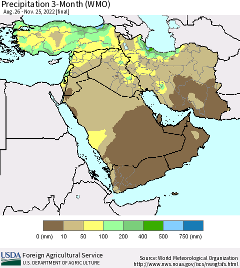 Middle East and Turkey Precipitation 3-Month (WMO) Thematic Map For 8/26/2022 - 11/25/2022