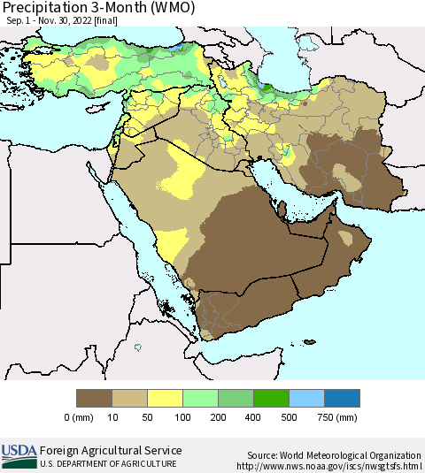 Middle East and Turkey Precipitation 3-Month (WMO) Thematic Map For 9/1/2022 - 11/30/2022