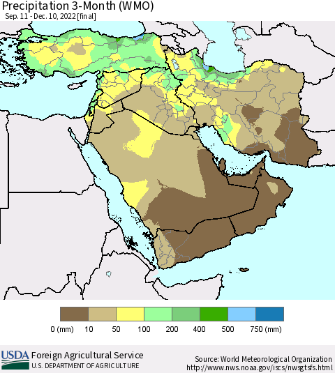 Middle East and Turkey Precipitation 3-Month (WMO) Thematic Map For 9/11/2022 - 12/10/2022