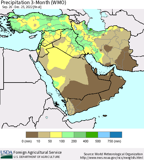 Middle East and Turkey Precipitation 3-Month (WMO) Thematic Map For 9/26/2022 - 12/25/2022
