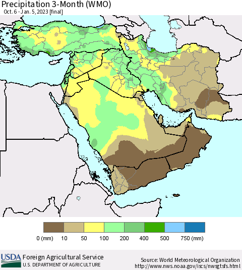 Middle East and Turkey Precipitation 3-Month (WMO) Thematic Map For 10/6/2022 - 1/5/2023