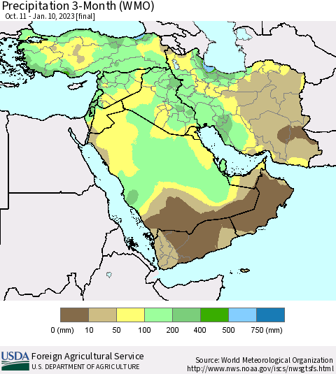 Middle East and Turkey Precipitation 3-Month (WMO) Thematic Map For 10/11/2022 - 1/10/2023
