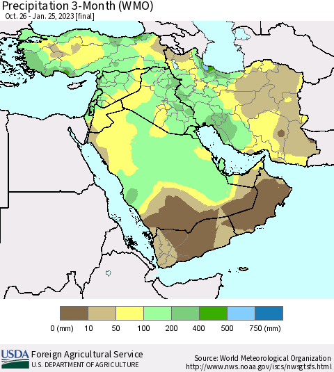 Middle East and Turkey Precipitation 3-Month (WMO) Thematic Map For 10/26/2022 - 1/25/2023