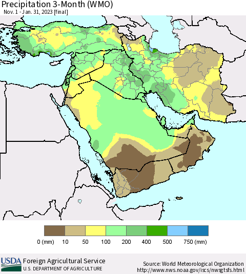 Middle East and Turkey Precipitation 3-Month (WMO) Thematic Map For 11/1/2022 - 1/31/2023