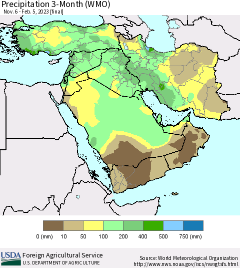 Middle East and Turkey Precipitation 3-Month (WMO) Thematic Map For 11/6/2022 - 2/5/2023
