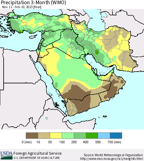 Middle East and Turkey Precipitation 3-Month (WMO) Thematic Map For 11/11/2022 - 2/10/2023