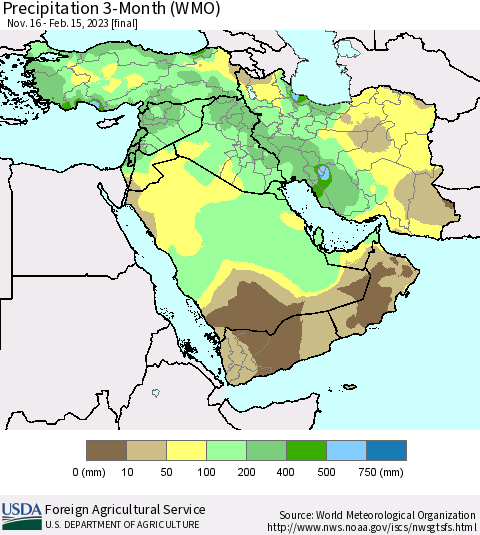 Middle East and Turkey Precipitation 3-Month (WMO) Thematic Map For 11/16/2022 - 2/15/2023