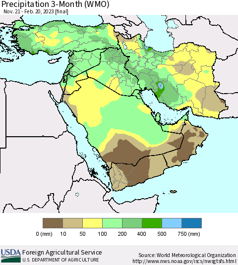 Middle East and Turkey Precipitation 3-Month (WMO) Thematic Map For 11/21/2022 - 2/20/2023