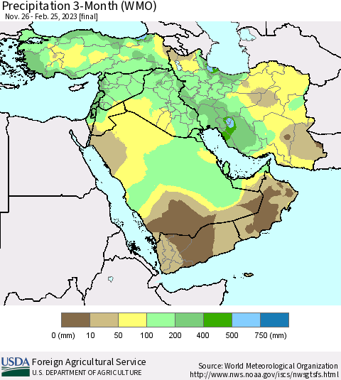 Middle East and Turkey Precipitation 3-Month (WMO) Thematic Map For 11/26/2022 - 2/25/2023