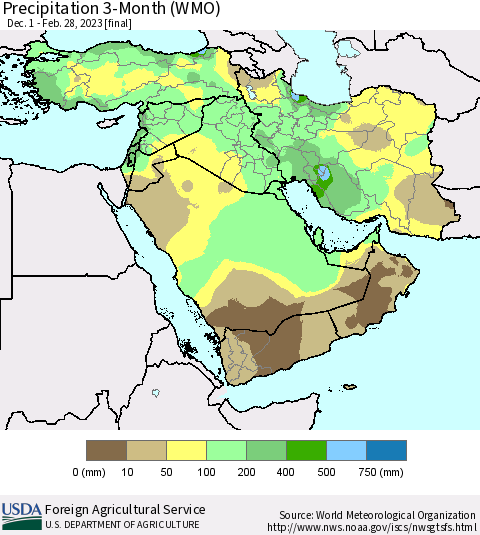 Middle East and Turkey Precipitation 3-Month (WMO) Thematic Map For 12/1/2022 - 2/28/2023