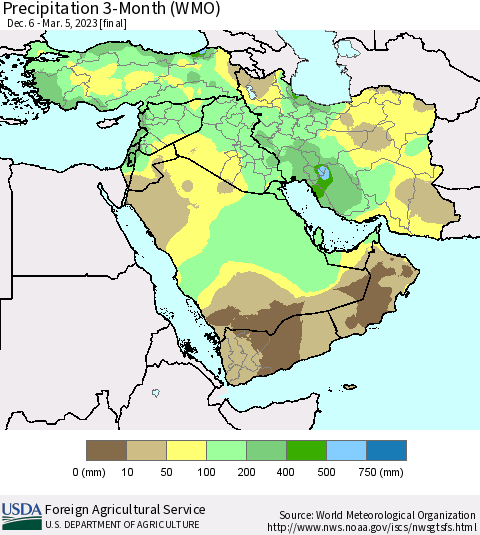 Middle East and Turkey Precipitation 3-Month (WMO) Thematic Map For 12/6/2022 - 3/5/2023
