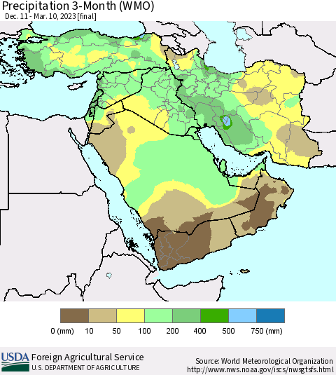 Middle East and Turkey Precipitation 3-Month (WMO) Thematic Map For 12/11/2022 - 3/10/2023