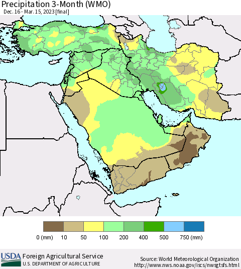 Middle East and Turkey Precipitation 3-Month (WMO) Thematic Map For 12/16/2022 - 3/15/2023