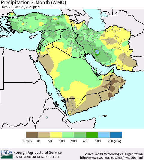 Middle East and Turkey Precipitation 3-Month (WMO) Thematic Map For 12/21/2022 - 3/20/2023