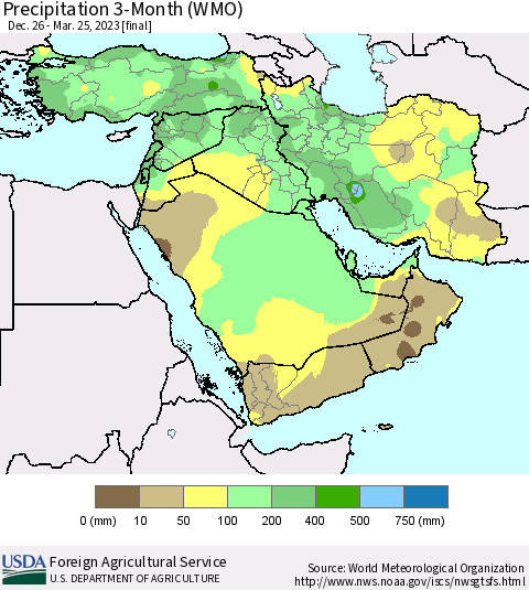 Middle East and Turkey Precipitation 3-Month (WMO) Thematic Map For 12/26/2022 - 3/25/2023