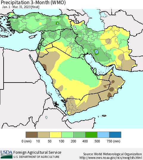 Middle East and Turkey Precipitation 3-Month (WMO) Thematic Map For 1/1/2023 - 3/31/2023