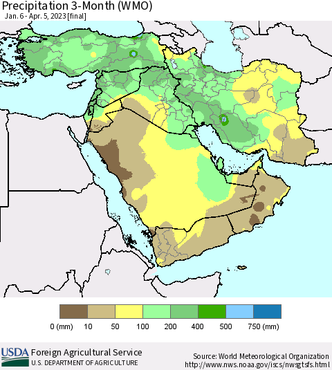 Middle East and Turkey Precipitation 3-Month (WMO) Thematic Map For 1/6/2023 - 4/5/2023