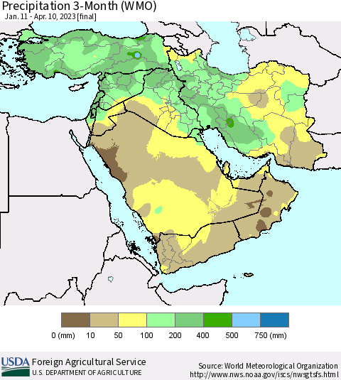 Middle East and Turkey Precipitation 3-Month (WMO) Thematic Map For 1/11/2023 - 4/10/2023
