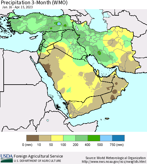 Middle East and Turkey Precipitation 3-Month (WMO) Thematic Map For 1/16/2023 - 4/15/2023