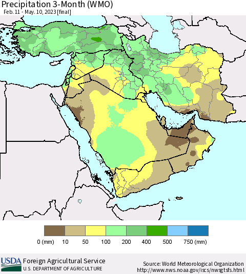 Middle East and Turkey Precipitation 3-Month (WMO) Thematic Map For 2/11/2023 - 5/10/2023