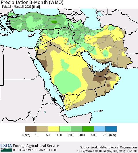 Middle East and Turkey Precipitation 3-Month (WMO) Thematic Map For 2/16/2023 - 5/15/2023