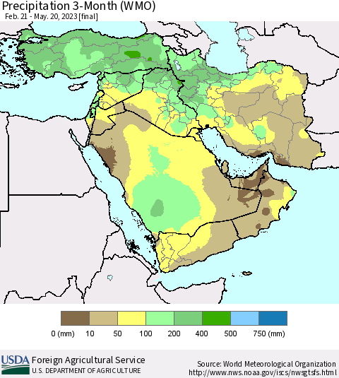 Middle East and Turkey Precipitation 3-Month (WMO) Thematic Map For 2/21/2023 - 5/20/2023