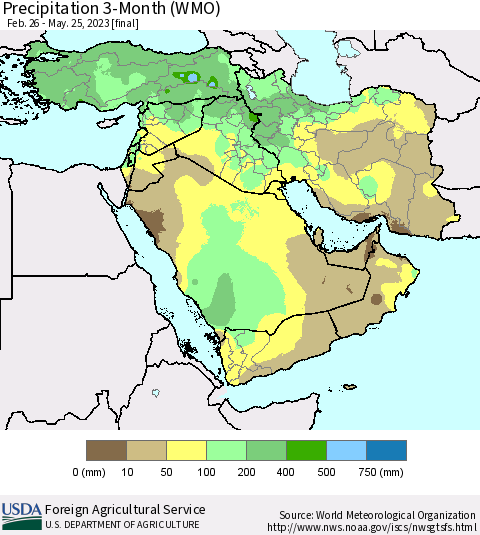 Middle East and Turkey Precipitation 3-Month (WMO) Thematic Map For 2/26/2023 - 5/25/2023