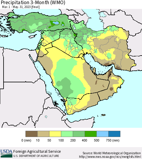 Middle East and Turkey Precipitation 3-Month (WMO) Thematic Map For 3/1/2023 - 5/31/2023