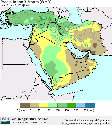 Middle East and Turkey Precipitation 3-Month (WMO) Thematic Map For 3/6/2023 - 6/5/2023