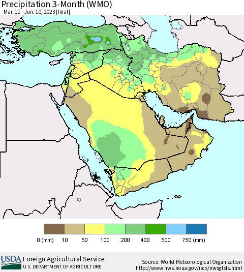 Middle East and Turkey Precipitation 3-Month (WMO) Thematic Map For 3/11/2023 - 6/10/2023