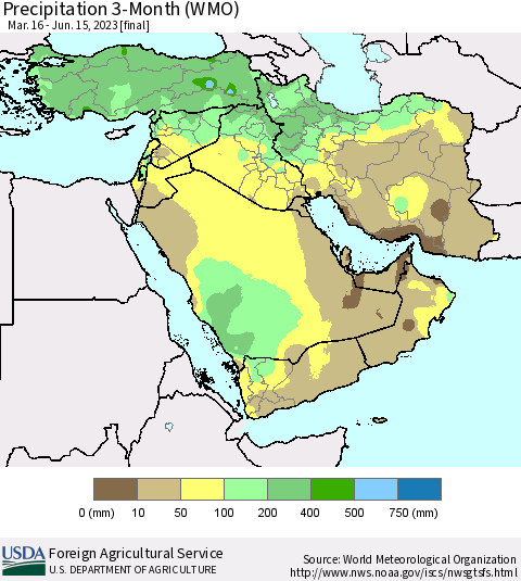 Middle East and Turkey Precipitation 3-Month (WMO) Thematic Map For 3/16/2023 - 6/15/2023