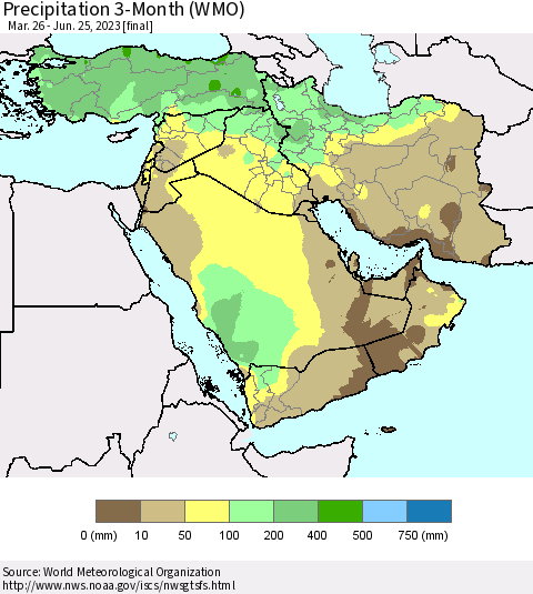 Middle East and Turkey Precipitation 3-Month (WMO) Thematic Map For 3/26/2023 - 6/25/2023