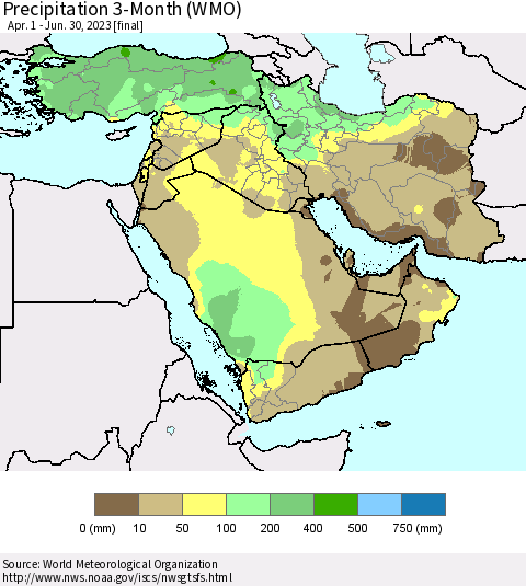 Middle East and Turkey Precipitation 3-Month (WMO) Thematic Map For 4/1/2023 - 6/30/2023
