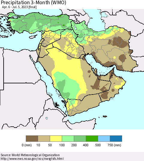 Middle East and Turkey Precipitation 3-Month (WMO) Thematic Map For 4/6/2023 - 7/5/2023