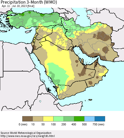 Middle East and Turkey Precipitation 3-Month (WMO) Thematic Map For 4/11/2023 - 7/10/2023