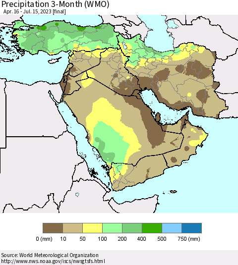 Middle East and Turkey Precipitation 3-Month (WMO) Thematic Map For 4/16/2023 - 7/15/2023