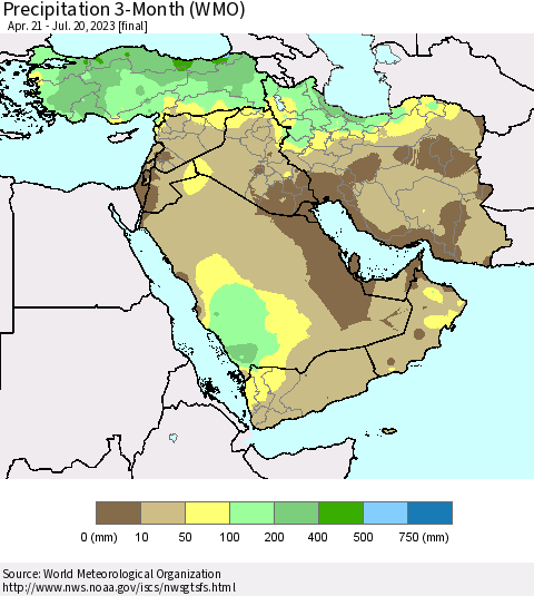 Middle East and Turkey Precipitation 3-Month (WMO) Thematic Map For 4/21/2023 - 7/20/2023