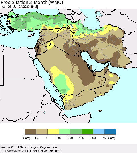 Middle East and Turkey Precipitation 3-Month (WMO) Thematic Map For 4/26/2023 - 7/25/2023