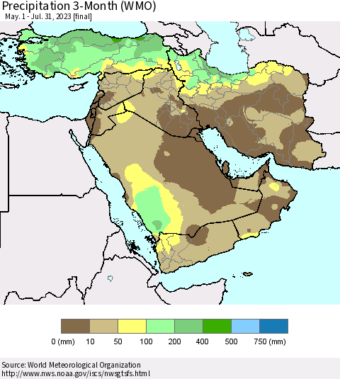 Middle East and Turkey Precipitation 3-Month (WMO) Thematic Map For 5/1/2023 - 7/31/2023