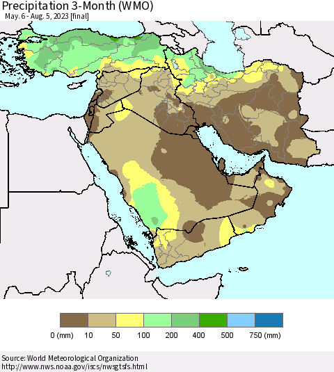 Middle East and Turkey Precipitation 3-Month (WMO) Thematic Map For 5/6/2023 - 8/5/2023