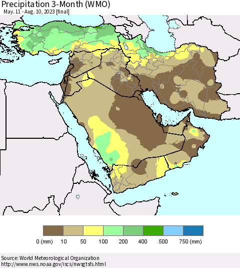 Middle East and Turkey Precipitation 3-Month (WMO) Thematic Map For 5/11/2023 - 8/10/2023