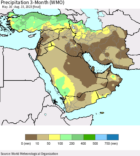 Middle East and Turkey Precipitation 3-Month (WMO) Thematic Map For 5/16/2023 - 8/15/2023